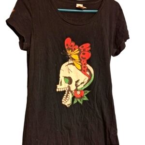 Ed Hardy T-Shirt Black with Skull & Butterfly Women's Size Large Fall Top Gothic